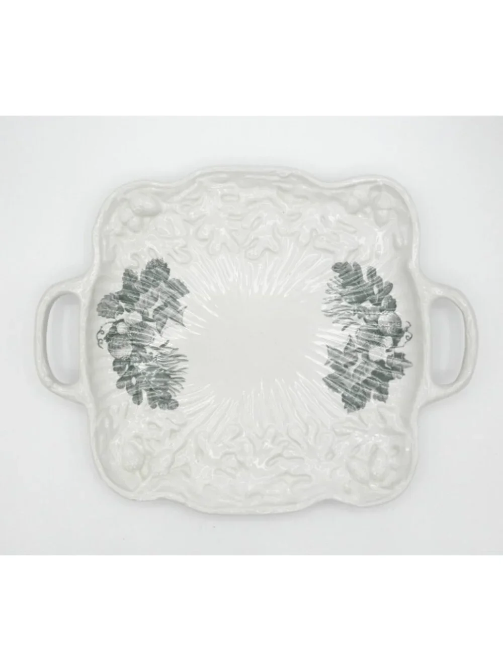 Aradia Square Serving Platter with Handles Portuguese Embossed Ceramic Acorns